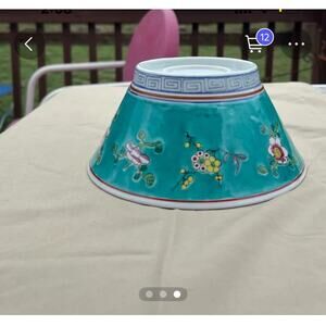 Vintage Chinese Export Turquoise Green Gold Rim Porcelain Bowl